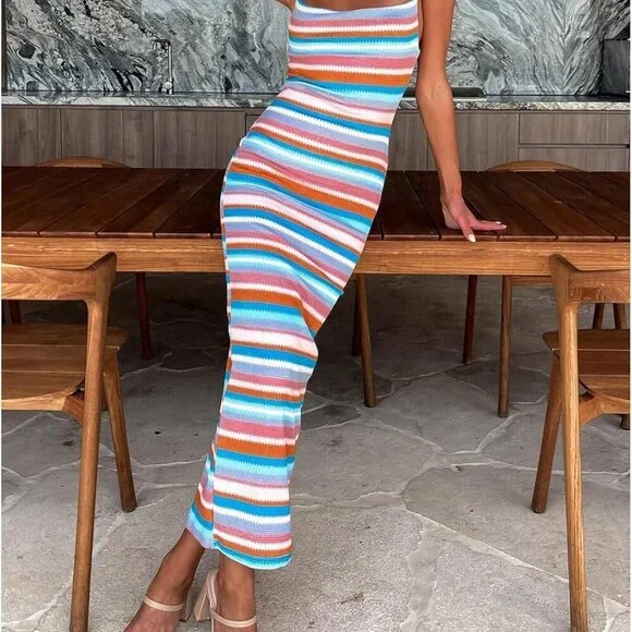 Women's Crochet Maxi Dress Polyester Small Open Back Sleeveless Vacation - Picture 5 of 6